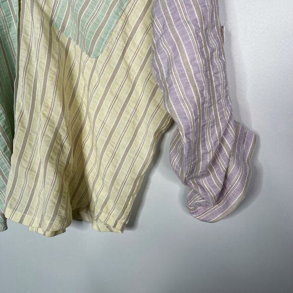 Fate Small S Yellow Green Pink Striped Button Down Shirt Patchwork V Neck V Back - Picture 4 of 10